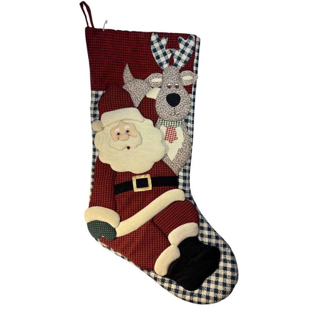 Cambridge Christmas Stocking Santa Reindeer Applique Quilted  Cotton Gingham 17"